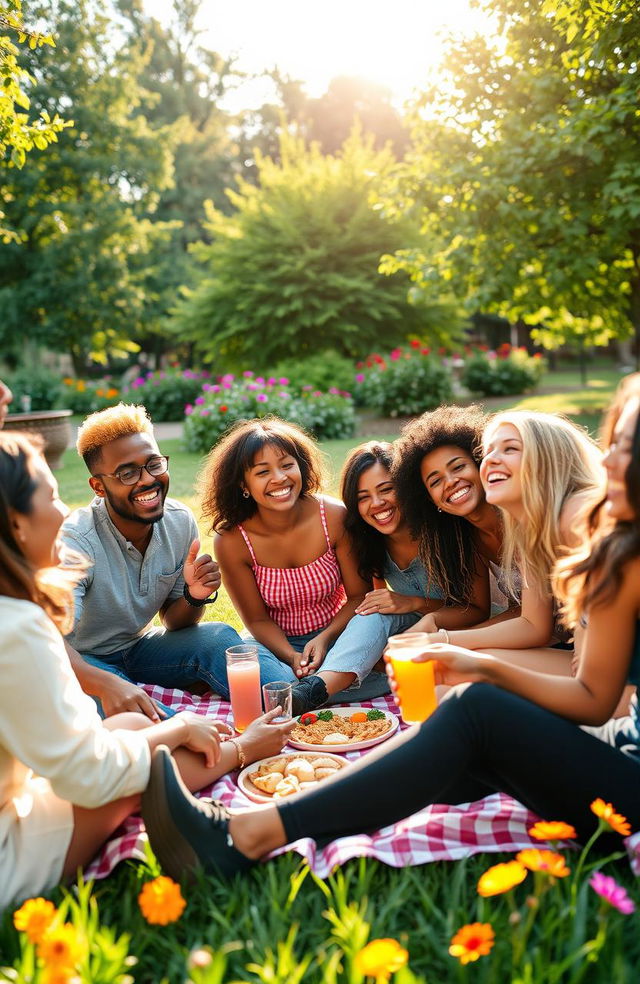 Group of diverse friends enjoying a fun day outdoors, laughter and joy evident on their faces