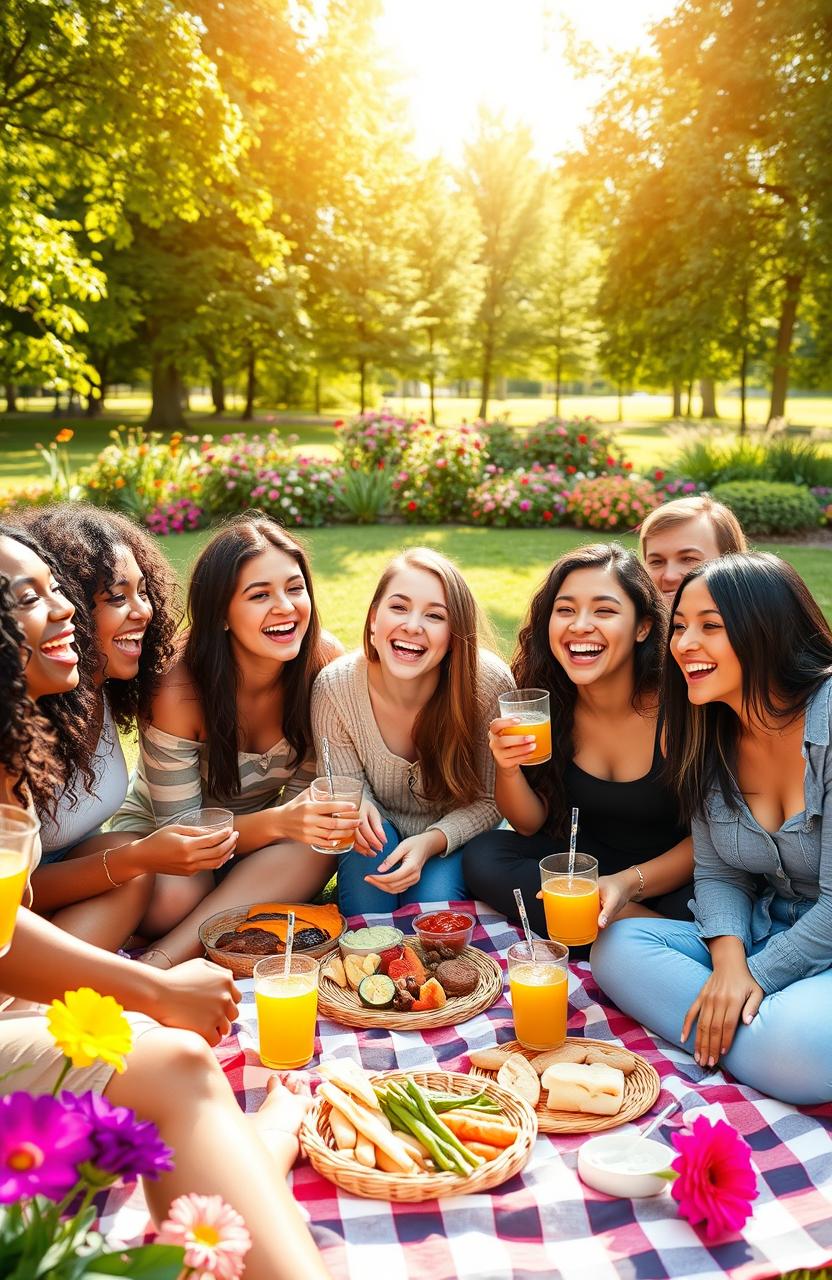 Group of diverse friends enjoying a fun day outdoors, laughter and joy evident on their faces