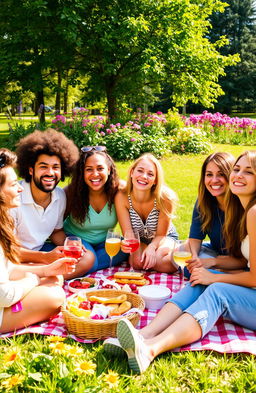 Group of diverse friends enjoying a fun day outdoors, laughter and joy evident on their faces