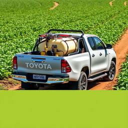 A Toyota Hilux truck modified for agricultural use, equipped with a unique plant protection system
