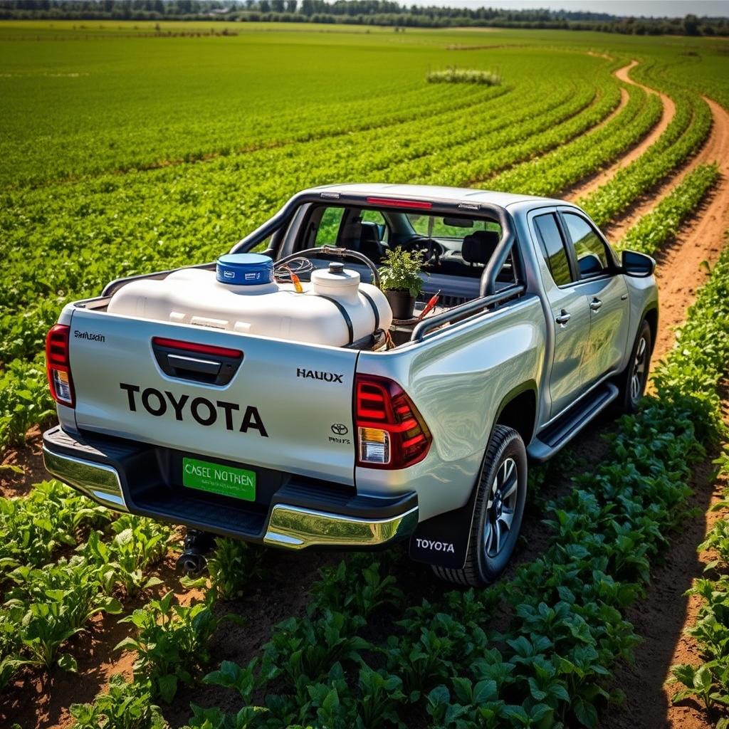 A Toyota Hilux truck modified for agricultural use, equipped with a unique plant protection system