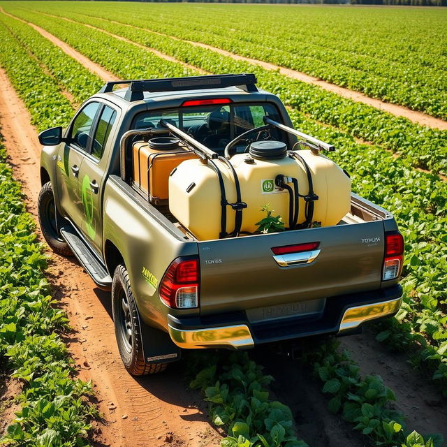 A Toyota Hilux truck modified for agricultural use, equipped with a unique plant protection system