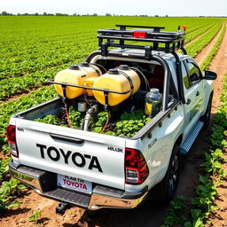 A Toyota Hilux truck modified for agricultural use, equipped with a unique plant protection system