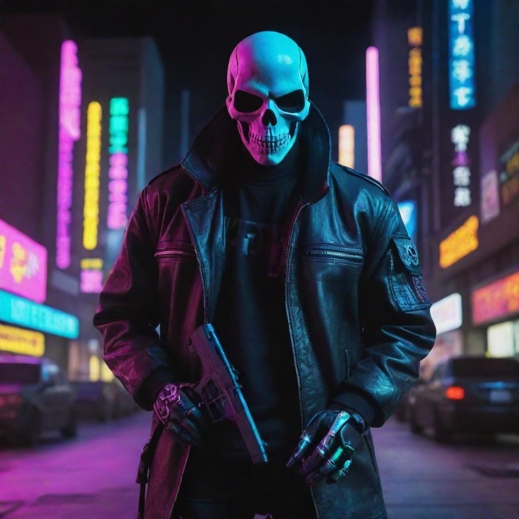 Design a visually striking image of a cyberpunk character wearing a neon-glowing skull mask