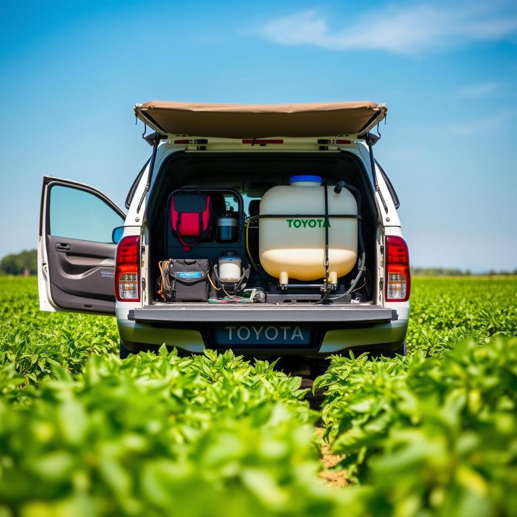 A Toyota Hilux campervan specially modified for agricultural purposes, featuring a unique plant protection setup