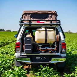 A Toyota Hilux campervan specially modified for agricultural purposes, featuring a unique plant protection setup