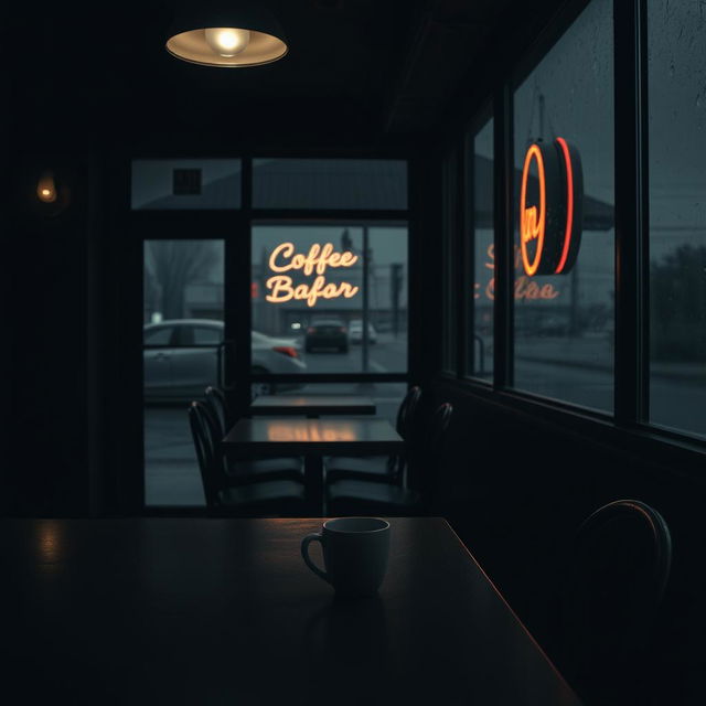 A dimly lit coffee shop with empty tables and chairs, a single cold cup of coffee left unattended on the counter, the atmosphere heavy with silence, muted colors creating a sense of solitude, soft rain tapping against the window, a view of a gray, overcast sky outside, shadows cast by a flickering neon sign, the absence of laughter and conversation palpable, a feeling of melancholy and introspection, evoking themes of loneliness and depression