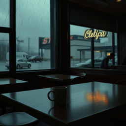 A dimly lit coffee shop with empty tables and chairs, a single cold cup of coffee left unattended on the counter, the atmosphere heavy with silence, muted colors creating a sense of solitude, soft rain tapping against the window, a view of a gray, overcast sky outside, shadows cast by a flickering neon sign, the absence of laughter and conversation palpable, a feeling of melancholy and introspection, evoking themes of loneliness and depression