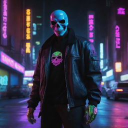 Design a visually striking image of a cyberpunk character wearing a neon-glowing skull mask