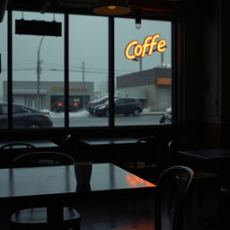 A dimly lit coffee shop with empty tables and chairs, a single cold cup of coffee left unattended on the counter, the atmosphere heavy with silence, muted colors creating a sense of solitude, soft rain tapping against the window, a view of a gray, overcast sky outside, shadows cast by a flickering neon sign, the absence of laughter and conversation palpable, a feeling of melancholy and introspection, evoking themes of loneliness and depression