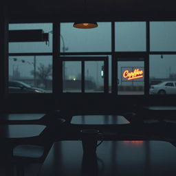 A dimly lit coffee shop with empty tables and chairs, a single cold cup of coffee left unattended on the counter, the atmosphere heavy with silence, muted colors creating a sense of solitude, soft rain tapping against the window, a view of a gray, overcast sky outside, shadows cast by a flickering neon sign, the absence of laughter and conversation palpable, a feeling of melancholy and introspection, evoking themes of loneliness and depression
