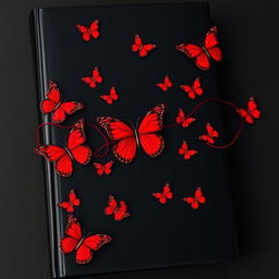 A striking book cover featuring a deep black background adorned with vibrant red butterflies, delicately placed throughout the design