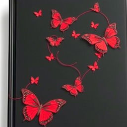 A striking book cover featuring a deep black background adorned with vibrant red butterflies, delicately placed throughout the design