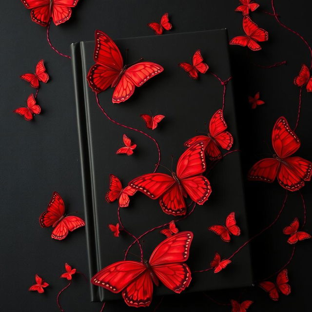 A striking book cover featuring a deep black background adorned with vibrant red butterflies, delicately placed throughout the design