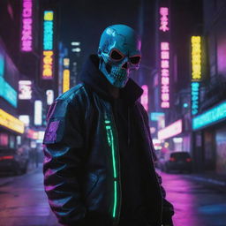 Design a visually striking image of a cyberpunk character wearing a neon-glowing skull mask