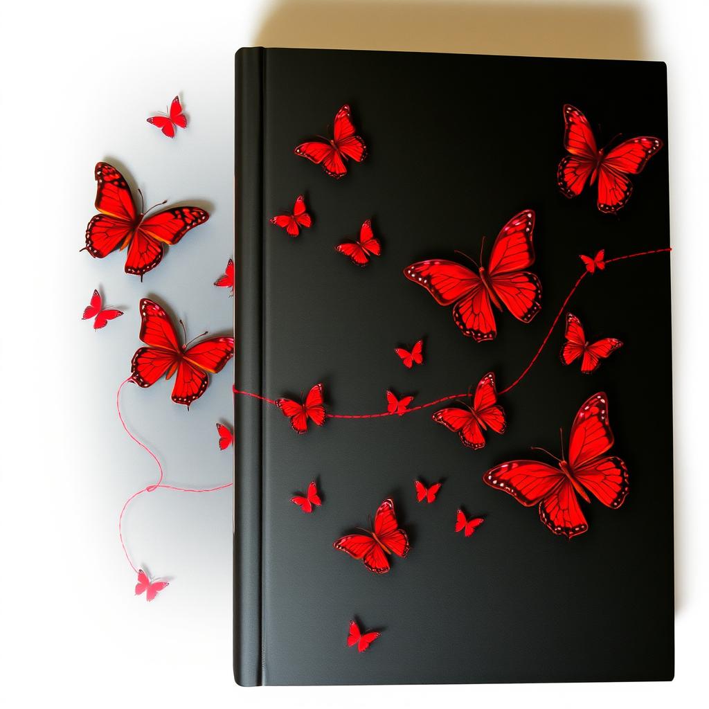 A striking book cover featuring a deep black background adorned with vibrant red butterflies, delicately placed throughout the design