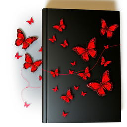 A striking book cover featuring a deep black background adorned with vibrant red butterflies, delicately placed throughout the design