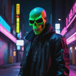 Design a visually striking image of a cyberpunk character wearing a neon-glowing skull mask