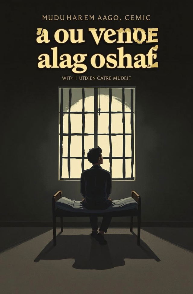 A book cover design featuring a young boy sitting on a bed in a dark, simple room