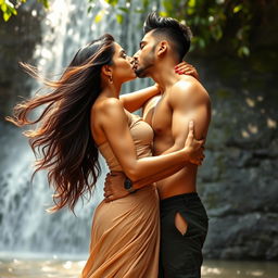 A passionate and intimate scene set at a beautiful waterfall in Bali, featuring an attractive Indian couple