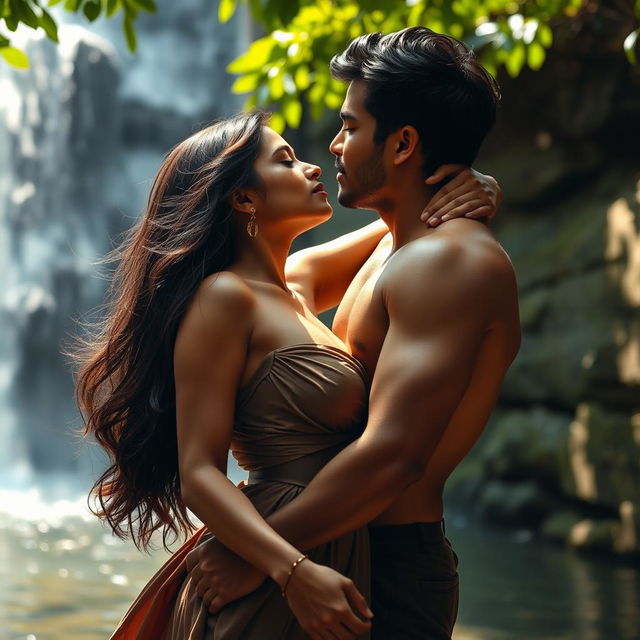 A passionate and intimate scene set at a beautiful waterfall in Bali, featuring an attractive Indian couple