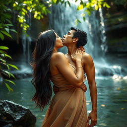 A passionate and intimate scene set at a beautiful waterfall in Bali, featuring an attractive Indian couple