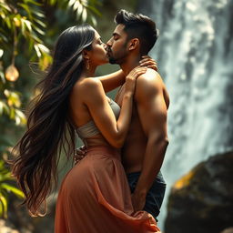A passionate and intimate scene set at a beautiful waterfall in Bali, featuring an attractive Indian couple