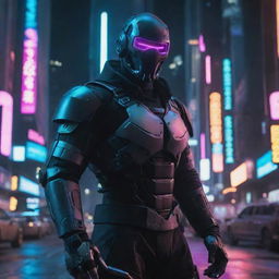 Evoke a high-impact image of a cyberpunk character donning a unique and intimidating mask