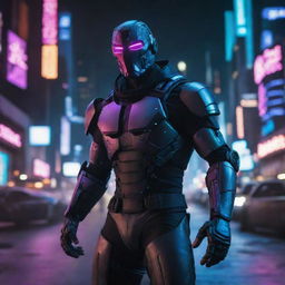 Evoke a high-impact image of a cyberpunk character donning a unique and intimidating mask