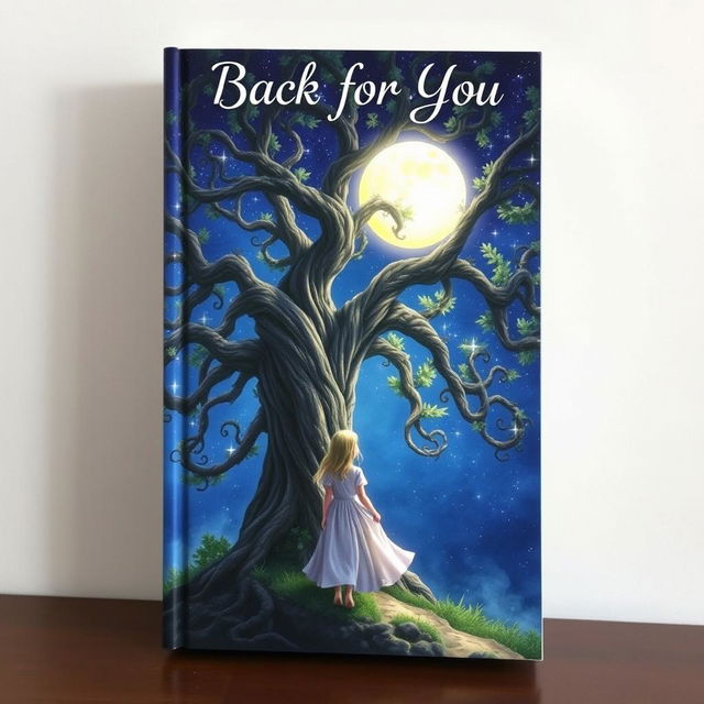 A captivating book cover for 'Back for You' that depicts a girl standing beside an enormous, intricately detailed tree, gazing up at a luminous full moon that casts a soft, enchanting glow across the scene