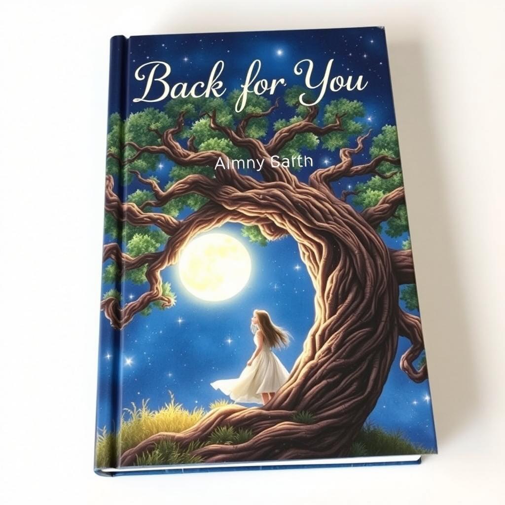 A captivating book cover for 'Back for You' that depicts a girl standing beside an enormous, intricately detailed tree, gazing up at a luminous full moon that casts a soft, enchanting glow across the scene