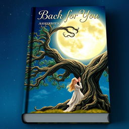 A captivating book cover for 'Back for You' that depicts a girl standing beside an enormous, intricately detailed tree, gazing up at a luminous full moon that casts a soft, enchanting glow across the scene