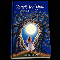 A captivating book cover for 'Back for You' that depicts a girl standing beside an enormous, intricately detailed tree, gazing up at a luminous full moon that casts a soft, enchanting glow across the scene