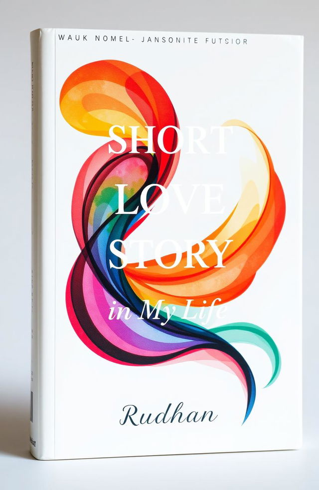 Book cover design for a novel titled "One Short Love Story in My Life" featuring a white background with multi-colored abstract art