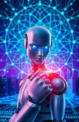 A visually captivating representation of artificial intelligence, featuring an intricate neural network design interwoven with geometric patterns and glowing binary code elements