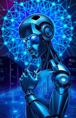 A visually captivating representation of artificial intelligence, featuring an intricate neural network design interwoven with geometric patterns and glowing binary code elements