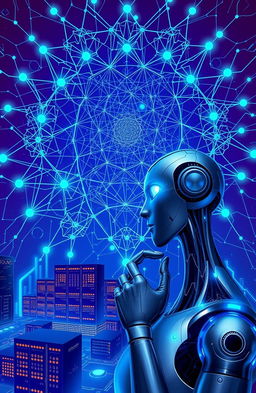 A visually captivating representation of artificial intelligence, featuring an intricate neural network design interwoven with geometric patterns and glowing binary code elements
