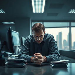 A very sad man sitting at his desk in a modern office environment, dimly lit by fluorescent lights, with stacks of paperwork and a computer screen displaying unread emails
