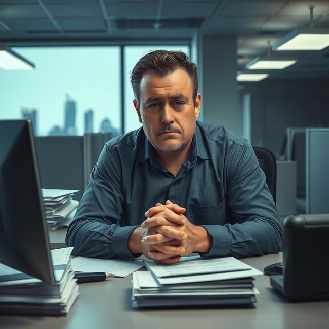 A very sad man sitting at his desk in a modern office environment, dimly lit by fluorescent lights, with stacks of paperwork and a computer screen displaying unread emails