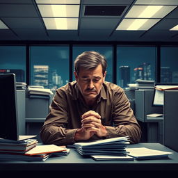 A very sad man sitting at his desk in a modern office environment, dimly lit by fluorescent lights, with stacks of paperwork and a computer screen displaying unread emails