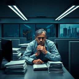 A very sad man sitting at his desk in a modern office environment, dimly lit by fluorescent lights, with stacks of paperwork and a computer screen displaying unread emails