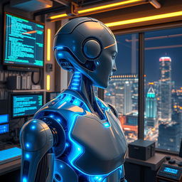 A futuristic representation of artificial intelligence, featuring a humanoid robot with a sleek metallic design and glowing blue circuitry