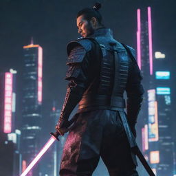 Create a high-definition image of a formidable cyberpunk samurai