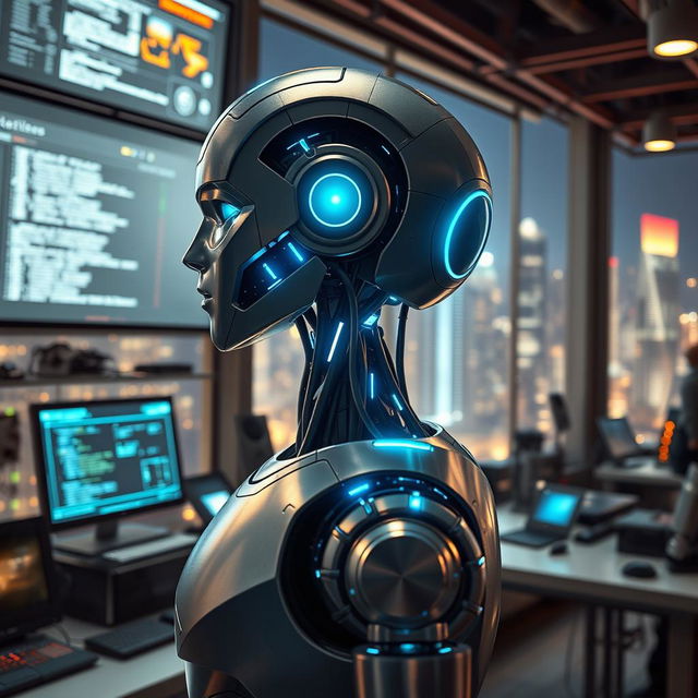 A futuristic representation of artificial intelligence, featuring a humanoid robot with a sleek metallic design and glowing blue circuitry