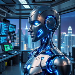 A futuristic representation of artificial intelligence, featuring a humanoid robot with a sleek metallic design and glowing blue circuitry