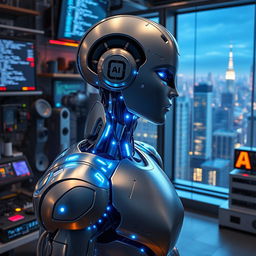 A futuristic representation of artificial intelligence, featuring a humanoid robot with a sleek metallic design and glowing blue circuitry