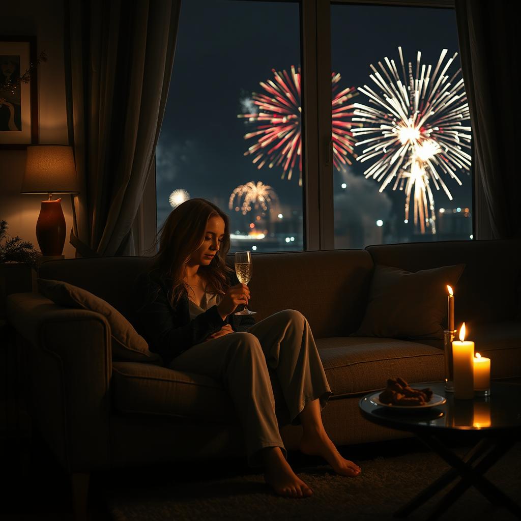 A very sad woman sitting alone on a couch in a dimly lit living room on New Year's Eve