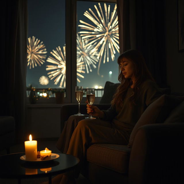 A very sad woman sitting alone on a couch in a dimly lit living room on New Year's Eve