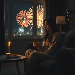 A very sad woman sitting alone on a couch in a dimly lit living room on New Year's Eve