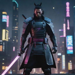 Create a high-definition image of a formidable cyberpunk samurai